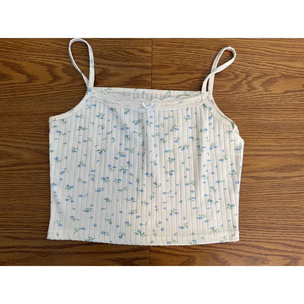White Ribbed Floral Lace Trim Cami Crop Top Blue Flowers Size Medium